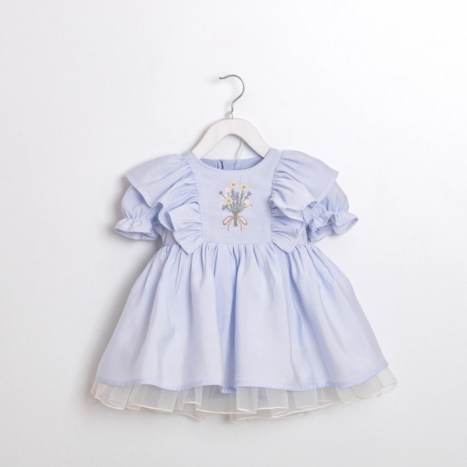 Volanlı Çiçek Nakışlı Mavi Elbise - Görsel 2