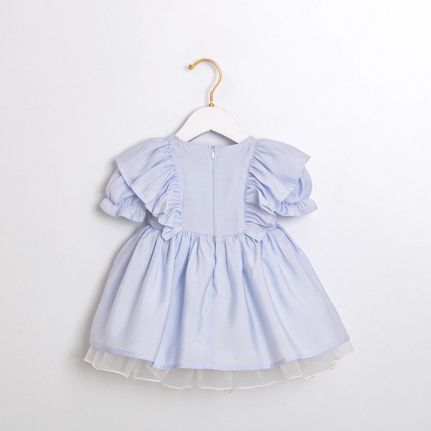 Volanlı Çiçek Nakışlı Mavi Elbise - Görsel 3