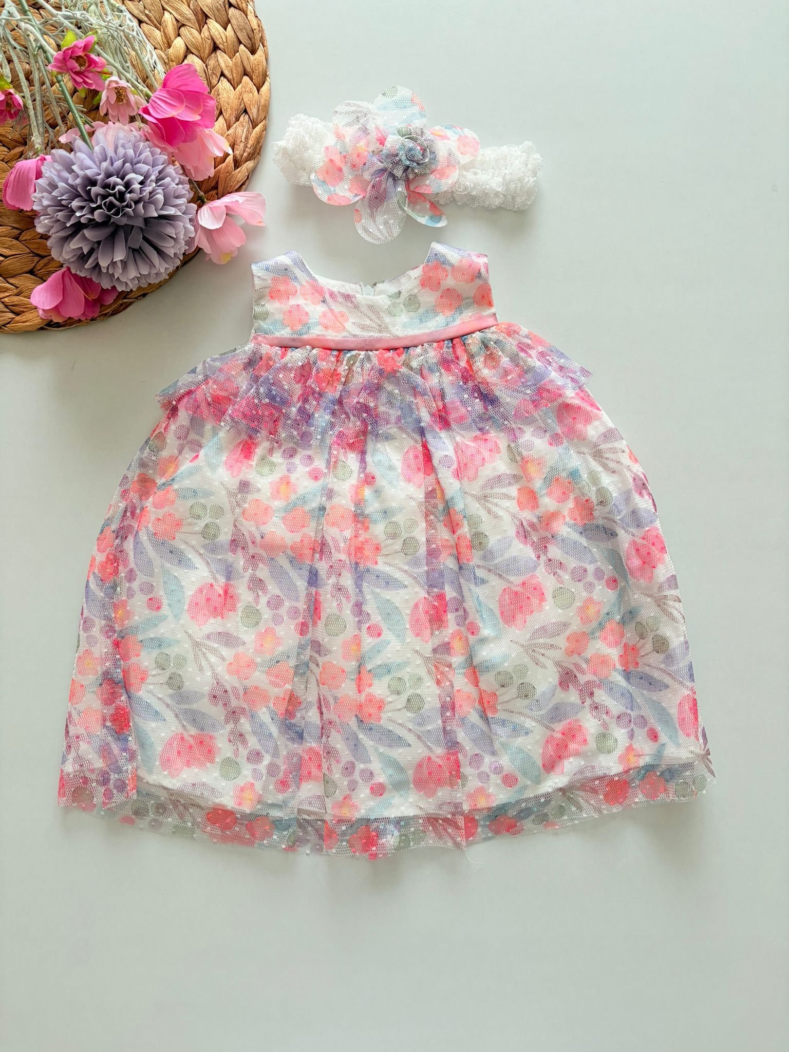 Aksesuarlı Çiçek Desen Tüllü Elbise - Görsel 2