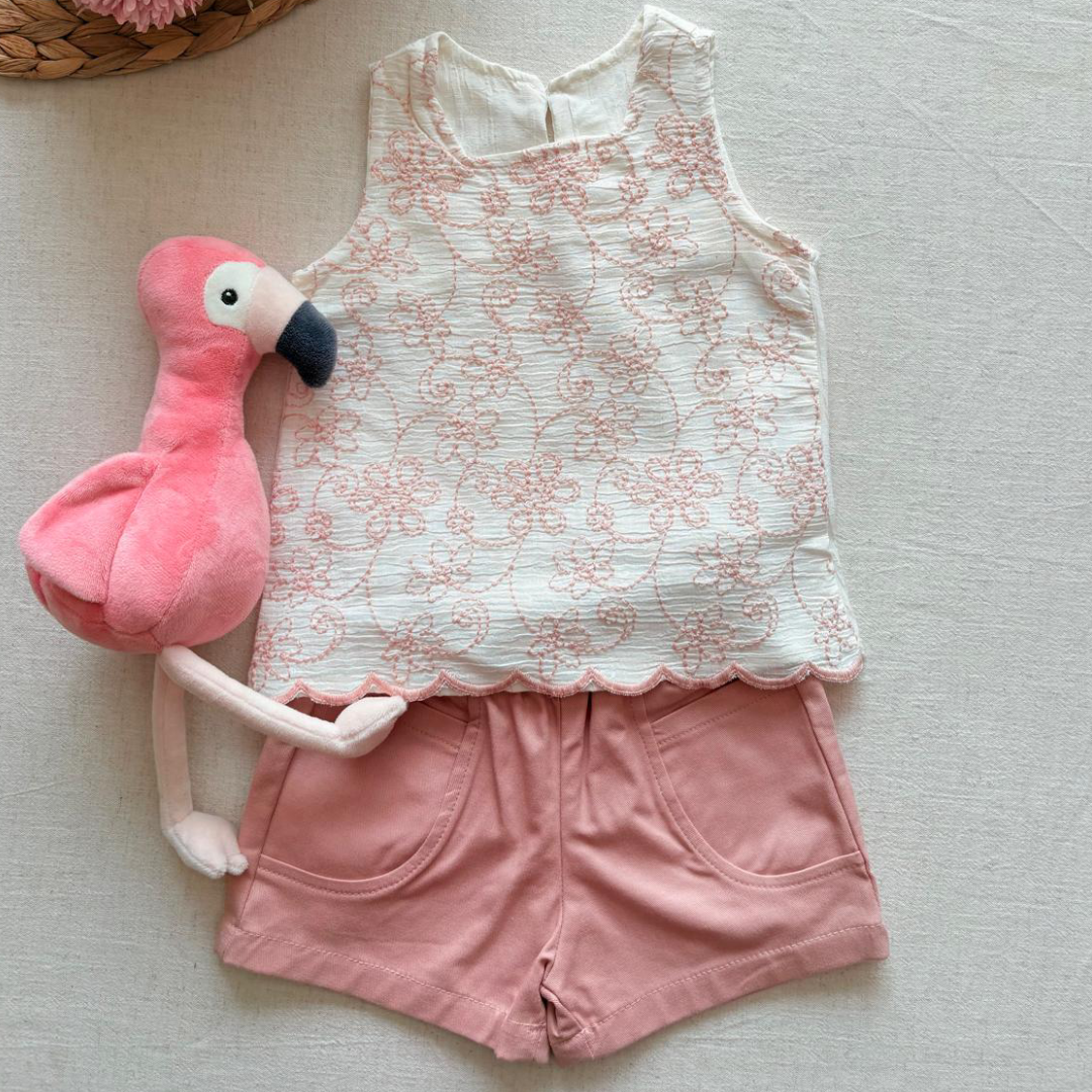 Çiçek Nakışlı Şortlu Takım