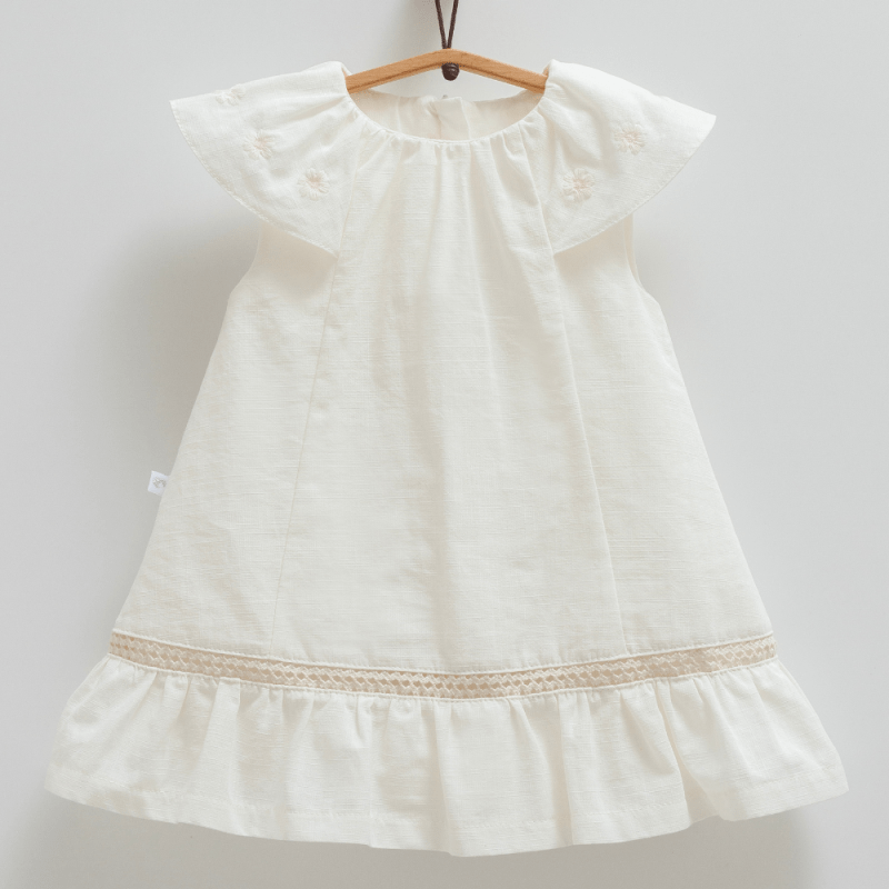 Volan Kol Nakışlı Keten Elbise