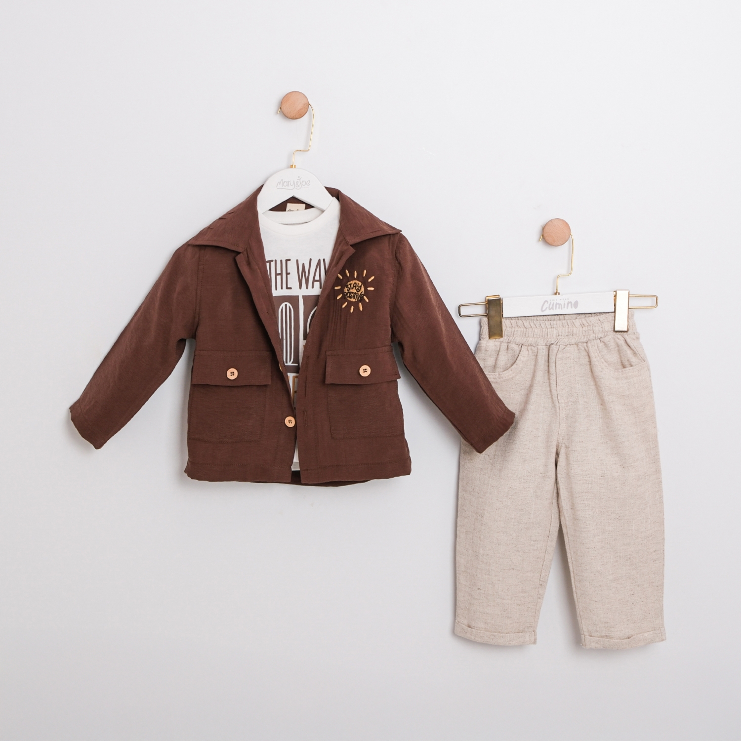 Kahve Ceketli 3lü Keten Takım