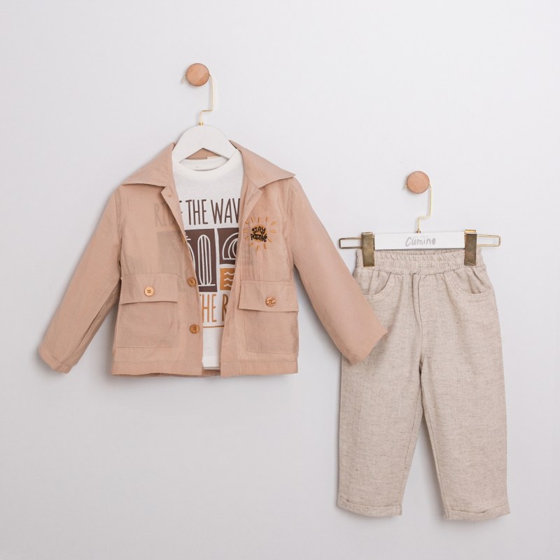 Bej Tensel Ceketli Keten Takım