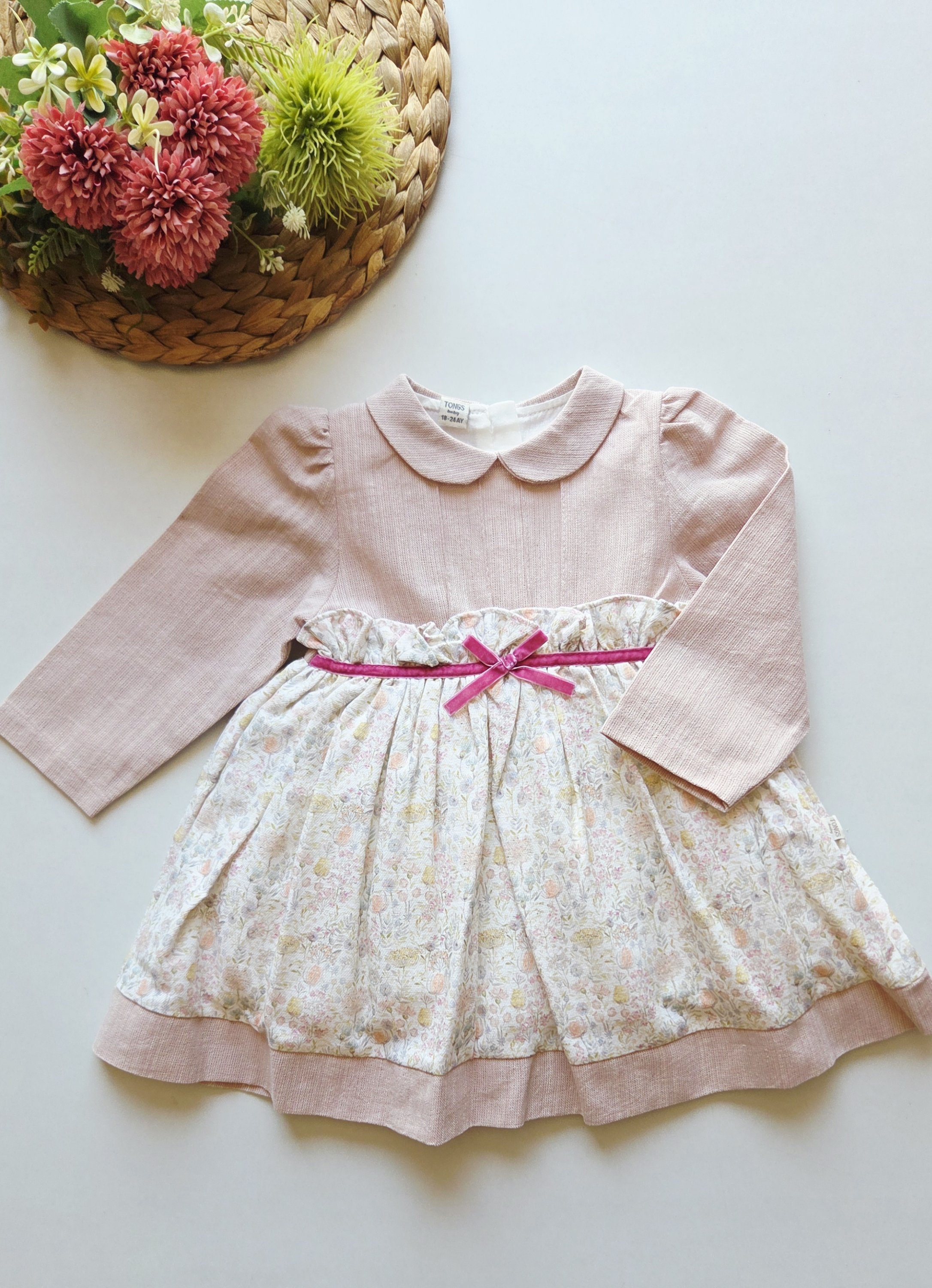 Kuşak Detaylı Bebe Yaka Pudra Çıtır Çiçek Elbise - Görsel 3