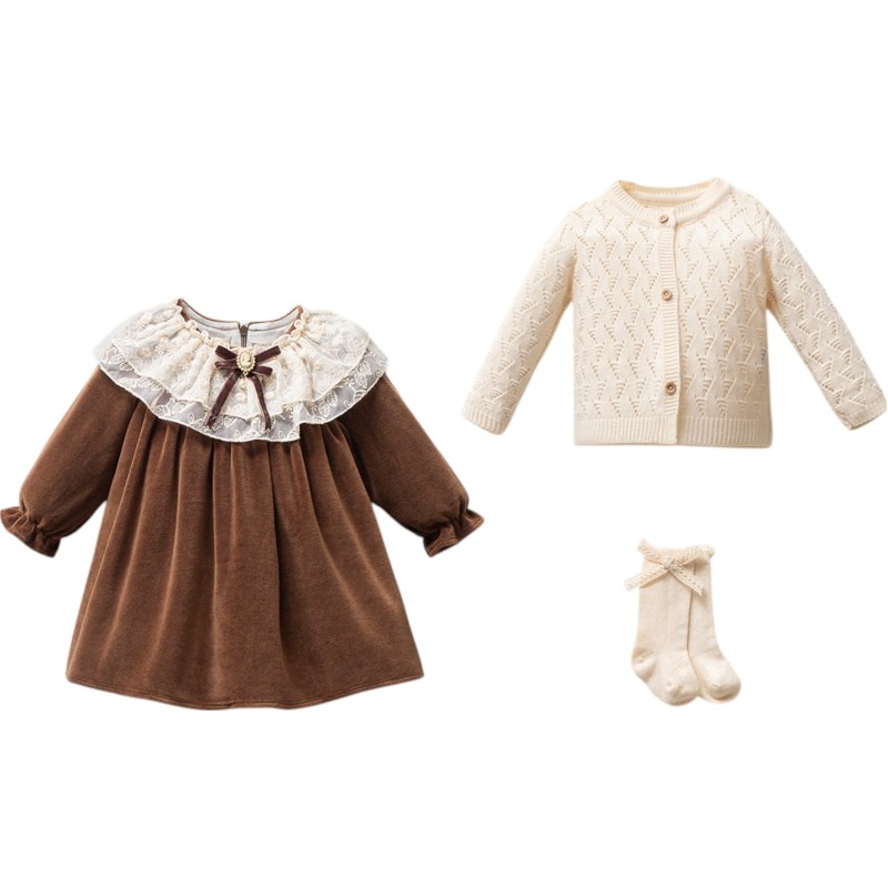 Hırkalı Broşlu Kadife Elbise Yenidoğan Set