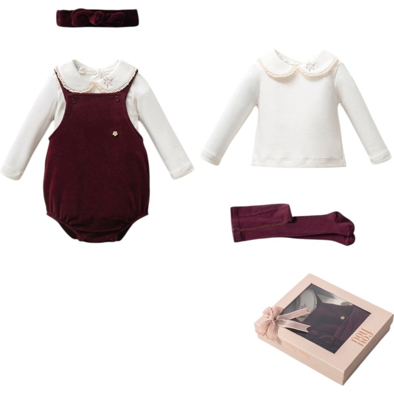 Bordo Kadife Kız Tulumlu 4lü Set