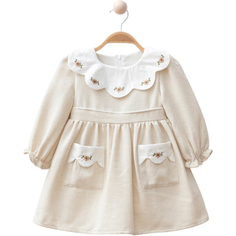 Nakışlı Cepli Keten Elbise