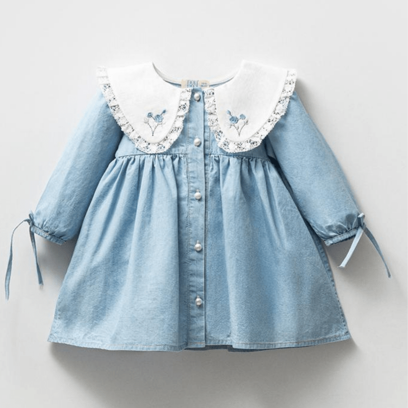 Nakışlı Yaka İncili Kot Elbise