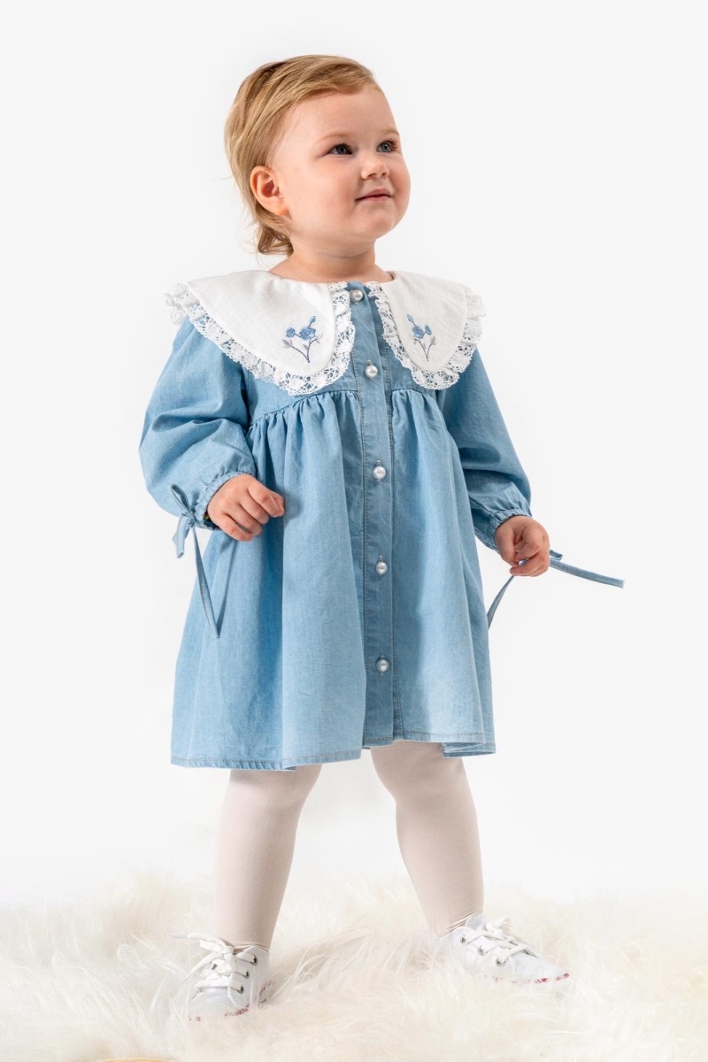 Nakışlı Yaka İncili Kot Elbise - Görsel 2