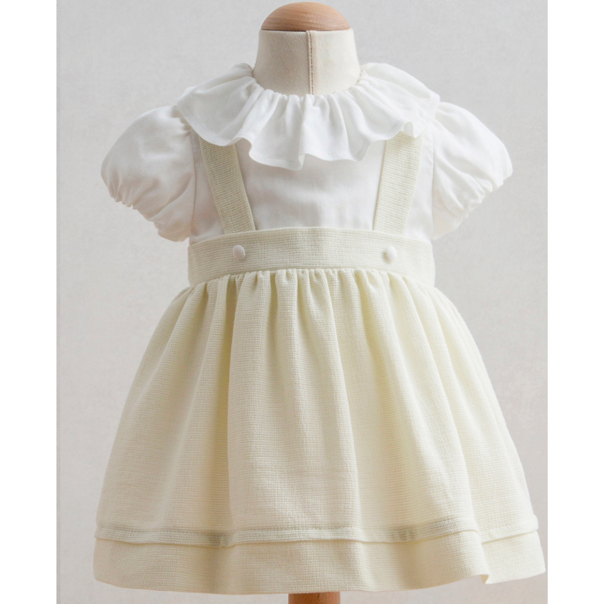 Fırfır Yaka Fildişi Keten Elbise