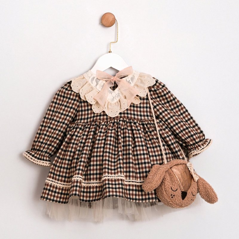 Tavşan Çantalı Kahve Ekose Elbise