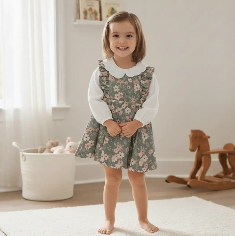 Çiçek Desen Elbiseli Müslin Gömlekli Takım