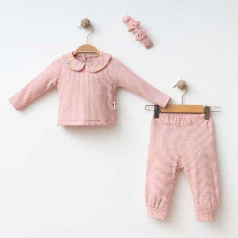 Çiçek Nakışlı Bebe Yaka Takım & Fiyonk Bandana