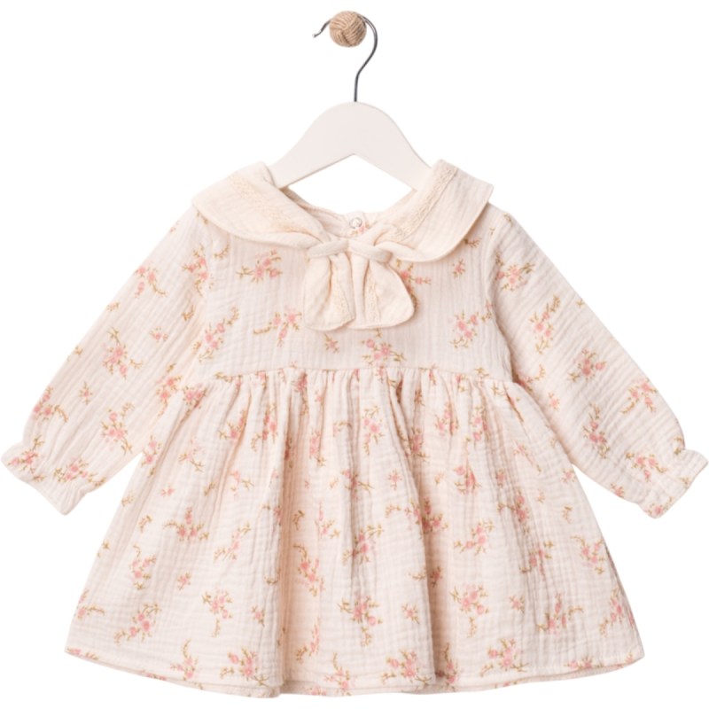 Kopanaki İşlemeli Pembe Çiçek Desen Müslin Elbise