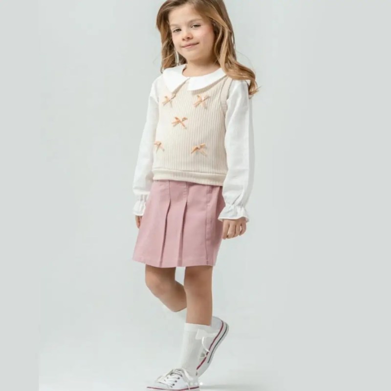 Fiyonklu Süveter Müslin Gömlek Şort Etekli Takım